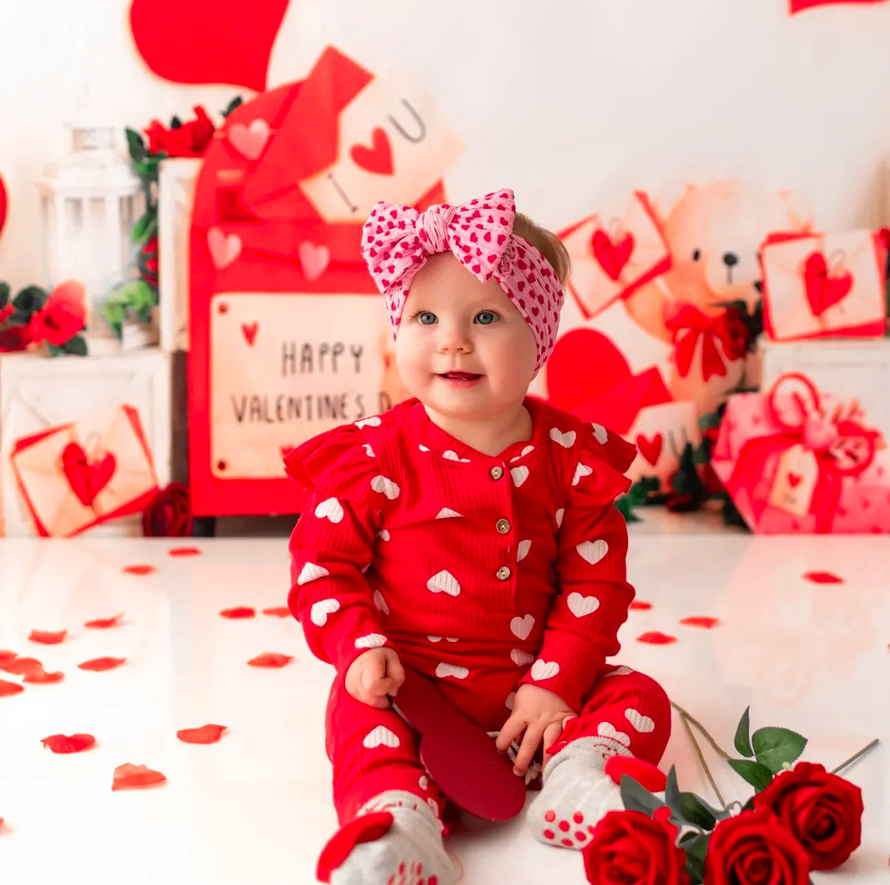 Pink Hearts Larger Cable Knit Headband