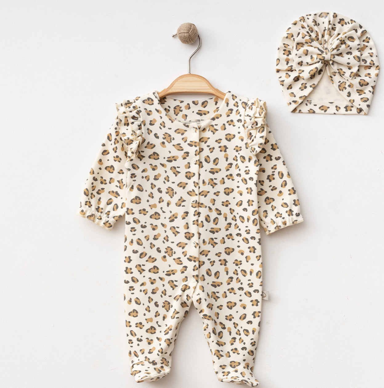 Cream Leopard Frill sleepsuit with matching turban Hat