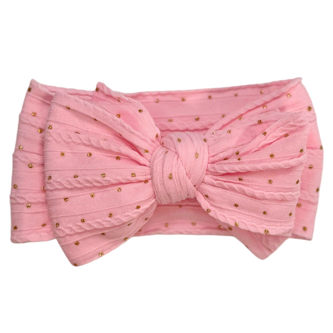 Baby Pink Gold Dot Larger Cable Knit Bow