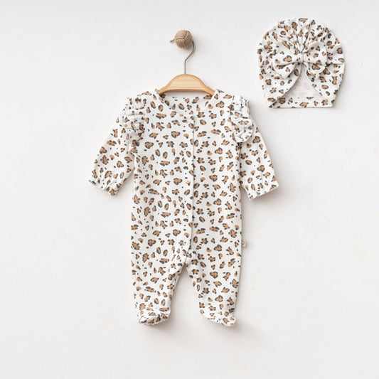 White Leopard Frill Sleepsuit with Turban Hat