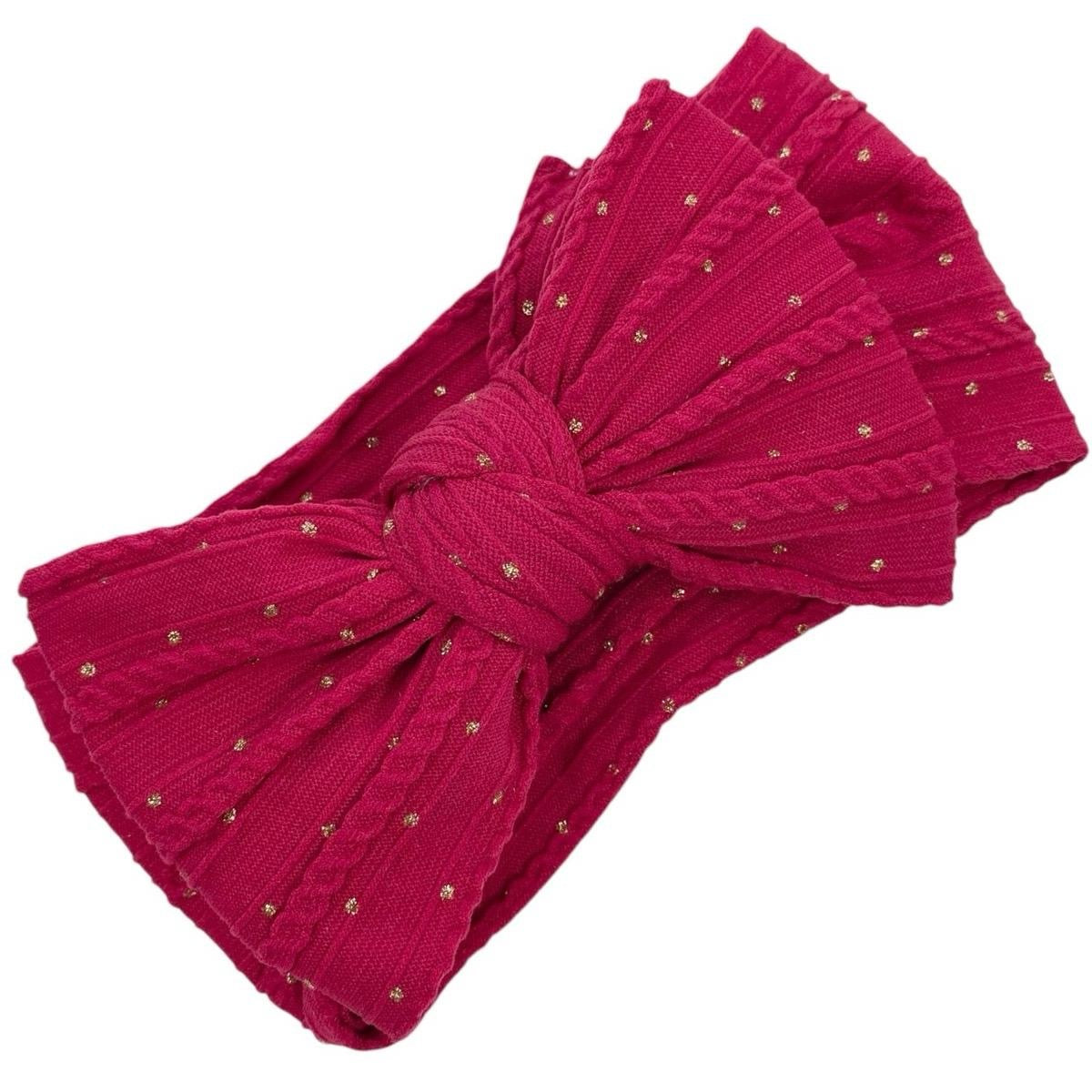 Berry Red Gold Dot Larger Cable Knit Bow