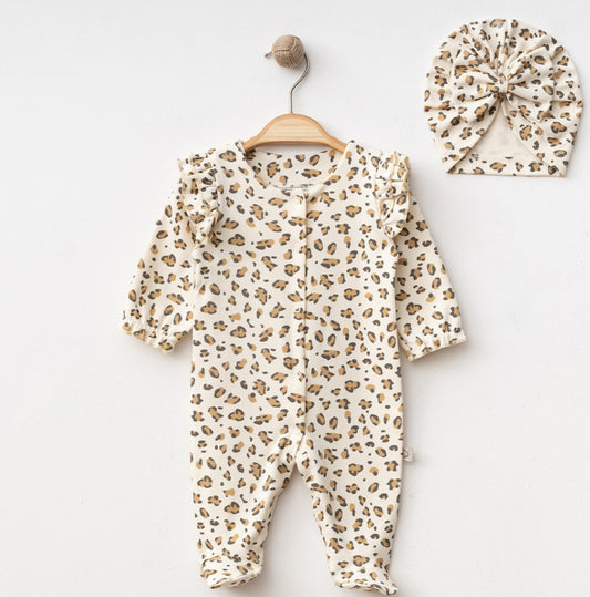Cream Leopard Frill sleepsuit with matching turban Hat