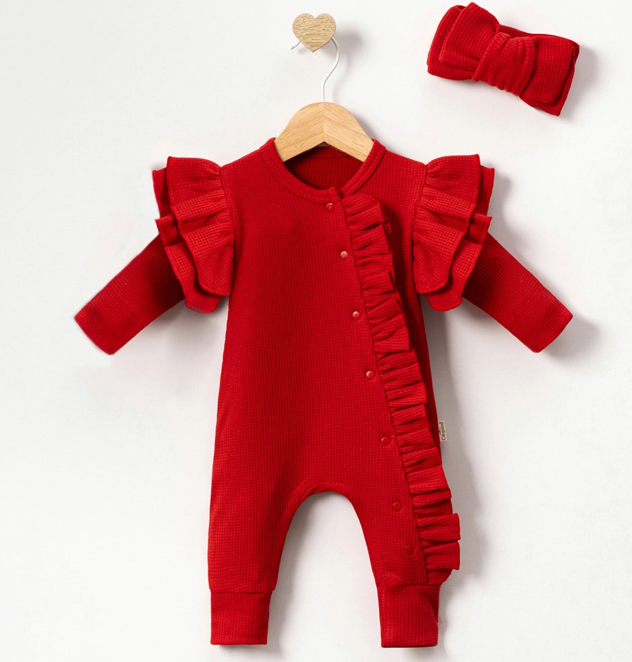 RED FRILL SLEEPSUIT WITH MATCHING BOW