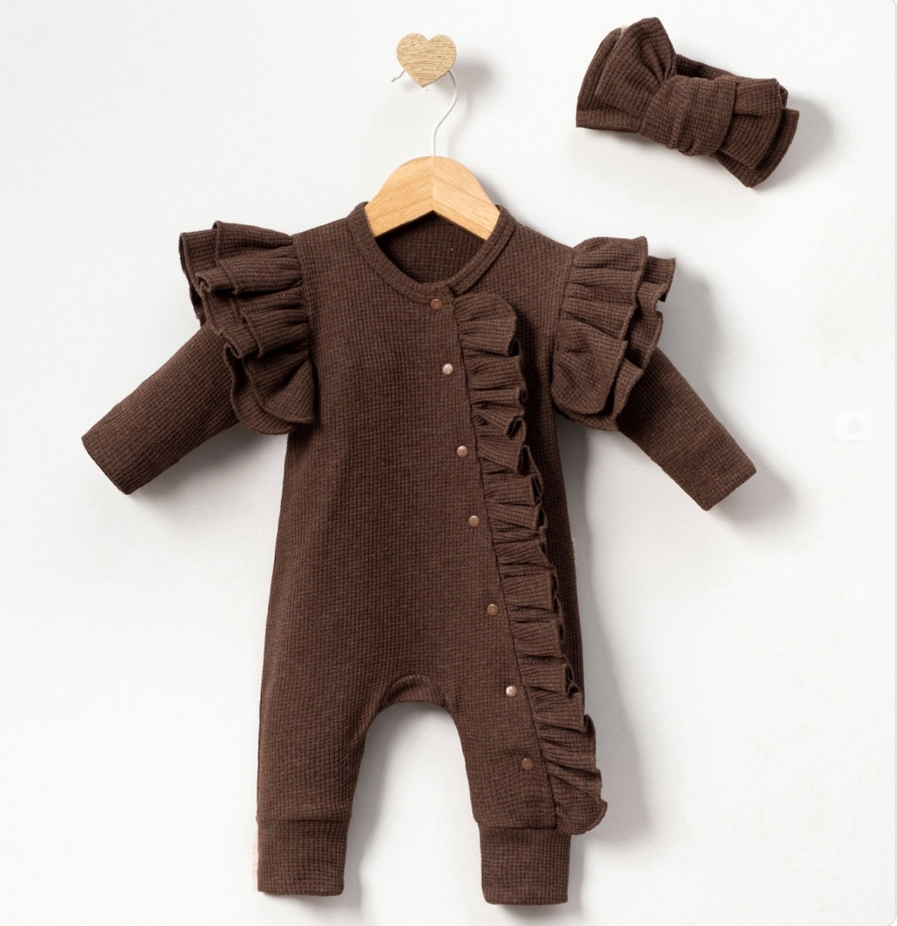 BROWN FRILL SLEEPSUIT WITH MATCHING BOW